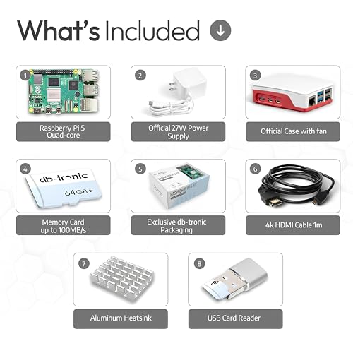 Image of Raspberry Pi 5 4GB Starter Kit | 64GB Edition | Official 27W Power Supply | Official case with Fan | 4K Micro HDMI Cable 1m | Aluminum heatsink