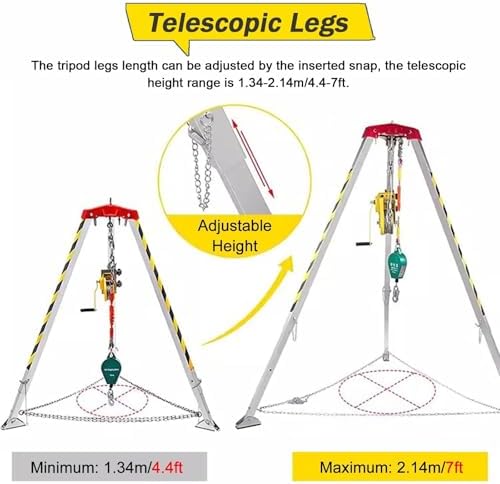 Confined Space Equipment Adjustable Commercial Firefighting Rescue Tripod with Self-Locking Device，Emergency Fall Arrest Kit - Aluminum Rescue Tripod System for Confined Spaces Deep Well Saf
