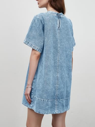 Image of LifeShe Denim Dress for Women Summer Casual Short Sleeve Chambray Mini Jean Dresses with Pockets