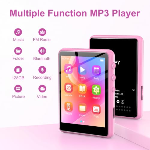 Image of 128GB MP3 Player with Bluetooth Pink- SWOFY M4 Music Player with Bluetooth 5.4, 2.4 inch Portable HiFi MP3 Player with FM Radio, HD Speaker, E-Book,Voice Recorder, Digital Music Player Earphones Included