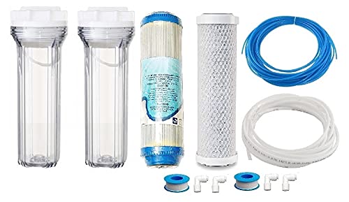 KRPLUS 2 Stage Pre Filter Housing Set Food Grade Material PP Housing, 1 Activated Carbon Block Filter, 1 Granular Carbon Filter, Wrench, 3 Meter RO Pipe Each 1/4