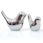 2 Pcs Silver Ceramic Bird Figurines, Small Decorative Bird Statues, Modern Minimalist Bird Sculpture for Shelf, Desk, Table, Farmhouse Home Decor