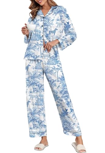 Image of Brosloth Women's Silk Satin Pajamas Pjs Sets Cute Lace Pattern Two Piece Loungewear Set Button Up Pajamas Sleepwear Black