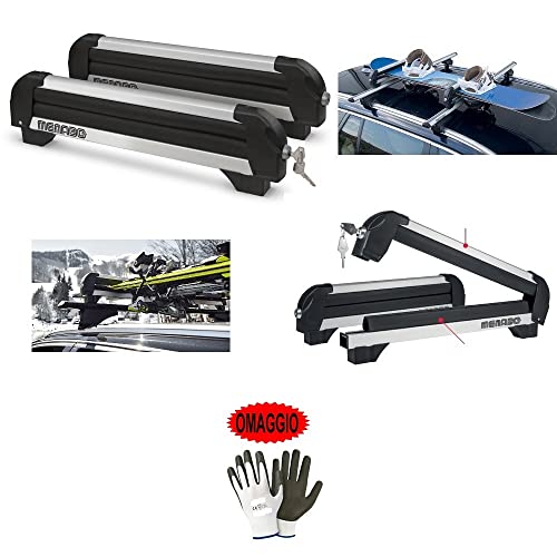 DESCRIZIONE E CARATTERISTICHE PRODOTTO: PORTASCI MENABO CON SERRATURA PER BARRE PORTATUTTO. Portasci da barra in alluminio, pensato per il trasporto di sci o snowboard. Fissaggio alle barre direttamente in cava con sistema tradizionale a “T” o, in alternativa, con kit di fissaggio esterno alle barre da tetto. Adatto a: 4 paia di sci o 2 snowboards con portata max 28 kg. Certificazione: TÜV e CITY CRASH. Sistema antifurto: Incluso - OMAGGIO GUANTI DA LAVORO ANTISCIVOLO