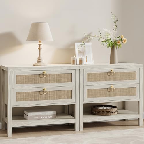 Image of Eclatara Large Rattan Night Stand Set of 2: Boho Nightstand with Drawers and Storage Shelf, White Bedside Table End Table Side Table for Bedroom(Cream White Oak,2 Pieces)