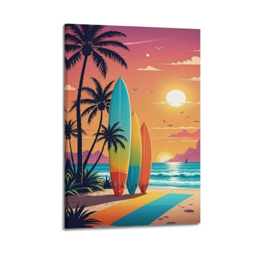 Colorful Gradient Sunset Tropical Palm Beach Surfboards Wall Art, Flat