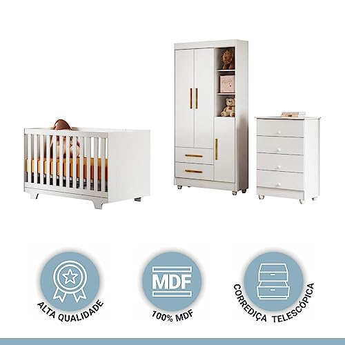 Quarto de Bebê Completo 100% MDF com Cômoda Berço e Guarda Roupa 1 MDF Nina Branco