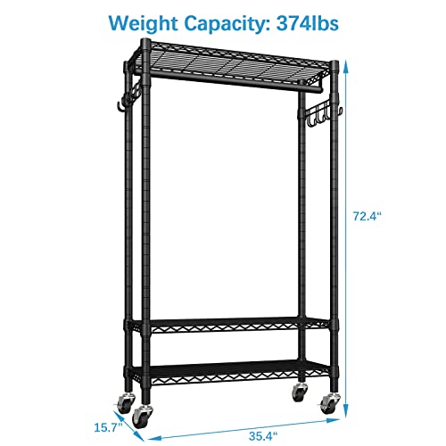 Vipek X1 Plus Rolling Clothing Rack Portable Garment Rack For Hanging Clothes, 3 Shelves Heavy Duty Wardrobe Closet With Wheels Hanging Rod Side Hook Freestanding Drying Rack For Laundry Room, Black #TOP4