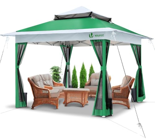 VOUNOT® Gazebo 3.6x3.6m Pieghevole con 4 Parti Laterali in Rete, Gazebo da Giardino Tenda Padiglione Pop Up Doppio Tetto, con Sacchi di Sabbia di Peso e Sacca di Trasporto, Colore Verde