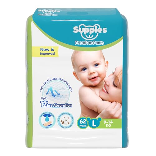 Image of Amazon Brand - Supples Premium Baby Diaper Pants | 62 Baby Diapers | Large | 9-14 Kg | 12 Hrs Absorption | Cushiony Cotton Soft Fabric | Phthalates-Free | Triple Leak Guard