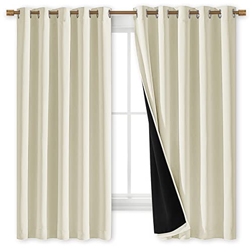 Image of NICETOWN Living Room Completely Shaded Draperies, Privacy Protection & Noise Reducing Ring Top Drapes, Black Lined Insulated Window Treatment Curtain Panels (Beige, 2 Pieces, W70 x L63)
