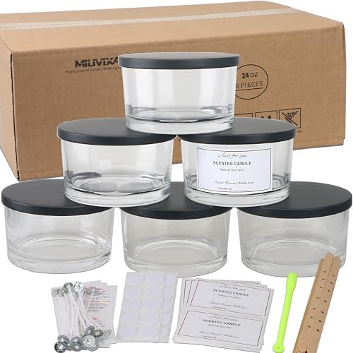 MILIVIXAY Paquete de 6 Tarros de Vela de 24 Onzas Con Tapas de Metal y Kits de Fabricación, 3 Mechas, Vidrio Grueso Transparente Vacío a Granel Para Hacer Velas