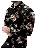 VIPWOLF Men's Floral Dress Shirts Flower Graphic Collared Long Sleeve Button Down Shirt Black Floral Medium