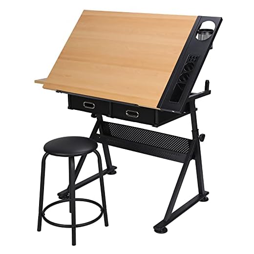Juego de Escritorio de Dibujo Inclinable Ajustable con Mesa Auxiliar, Portalápices y Cajones de Almacenamiento, para Dibujar y Diseñar