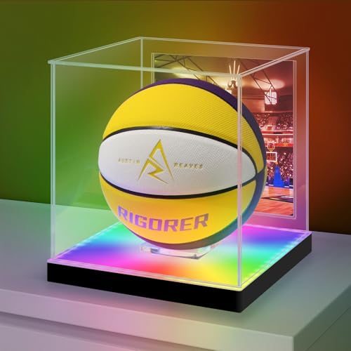 LASOA Basketball Display Case with RGBW LED Light, Self-Assembly Acrylic Display Box for Memorabilia, UV Protection Dust Proof for Full Size Autographed Ball with Ball Stand and Photo Holder