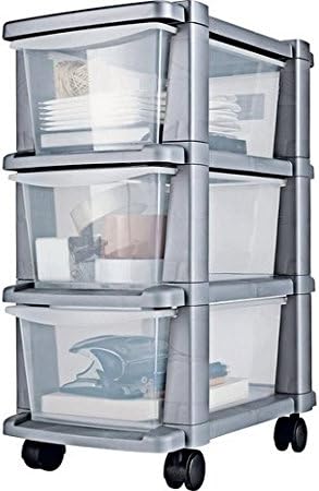 3 Drawer Slim Tower Storage Unit - Silver. Size H64.5, W25, D39cm.