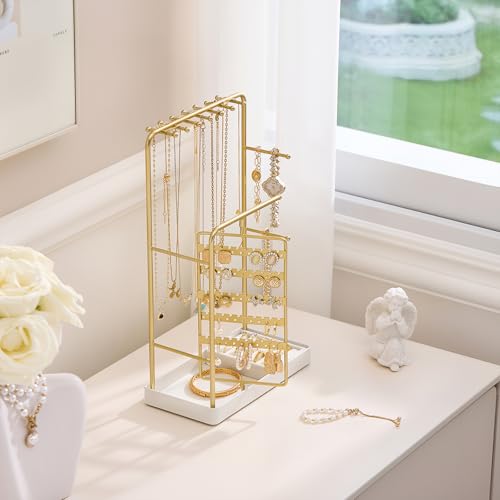 ProCase Jewelry Display Stand Holder, Jewelry Organizer and Storage with Velvet Ring Tray, Rotating Earring Display Bracelet Necklace Holder, Aesthetic Gifts Room Dorm Decor for Teen Girls -Gold4