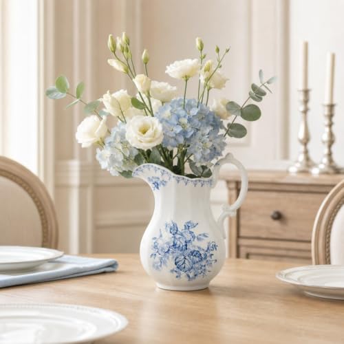 Blue and White Floral Pitcher Vase, 8 Inch Vintage Ceramic Chinoiserie Vase
