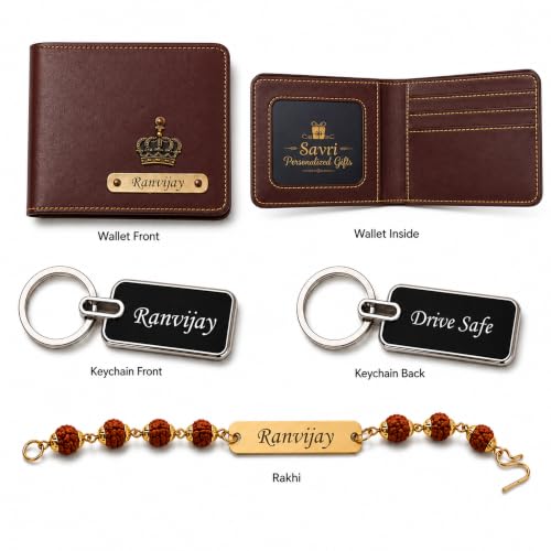 Image of SAVRI Rakshabandhan Gift for Brother | Customized Men's Leather Wallet with Name & Charm, Personalized Metal Keychain & Customized Rudraksha Rakhi with Name | Rakhi Gift for Brother