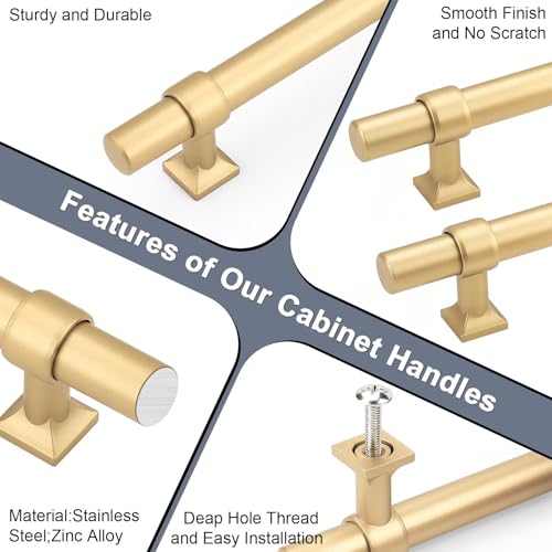 knobelite 10Pack Hole Centers 3inch(76mm) Gold Champagne Cabinet Handles T Shaped Kitchen Cabinet Pulls Hardware Pull Handle for Cabinets Dressers 5inch Total Length by knobelite - Image 5