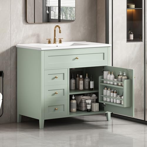 Image of 36 inch Bathroom Vanities with Top Set, Cabinet with Multi-Functional Tip-Out Drawer and Adjustable Shelf, Soft-Closing Door, Solid Wood Legs, Green