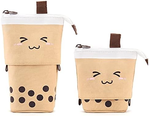 TOYESS Stand Pencil Holder,Telescopic Cartoon Cute Milk Tea Pencil Case Cosmetic Durable Canvas Stationery Makeup Bag for Boys Girls Students and Office Supplies,Pink