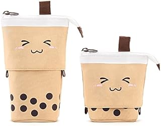 TOYESS Stand Pencil Holder,Telescopic Cartoon Cute Milk Tea Pencil Case Cosmetic Durable Canvas Stationery Makeup Bag for Boys Girls Students and Office Supplies,Pink