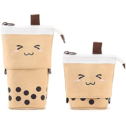 TOYESS Stand Pencil Holder,Telescopic Cartoon Cute Milk Tea Pencil Case Cosmetic Durable Canvas Stationery Makeup Bag for Boys Girls Students and Office Supplies,Brown Cover