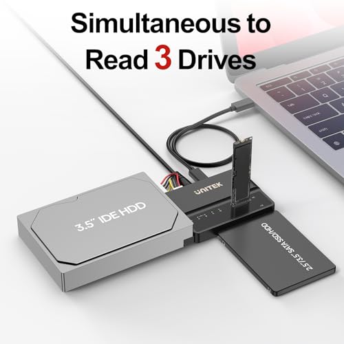 Image of Unitek 3-in-1 M.2 NVMe /SATA /IDE Adapter, 10Gbps USB 3.2, Tool-Free | Simultaneous NVMe, SATA & IDE Access; Fits 2230-2280 M.2, 2.5 /3.5 SATA, 3.5 IDE; Hot-Swap, Auto Sleep, No Driver