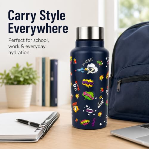 Image of Stainless Steel Water Bottle for School Office Travel | Printed Water Bottle | Drinking Bottle for Home Gym College | Stylish Bottle for Daily Use Picnic & Gifting (Black With Comic)