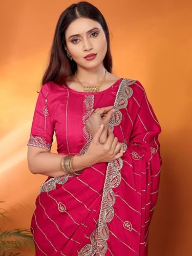 Image of Womens Crunchy Saree With Stone And Zari Work And Scalloped Cut Work On The Border With Blouse 5.5 Meter Saree 0.8 Meter Unstitched Blouse Piece