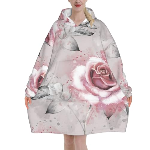 Couverture à capuche oversize femme à motif aquarelle de fleurs roses et de feuilles grises