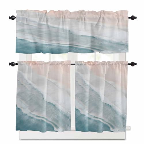 Beach Coastal Kitchen Curtains 24 Inch Length, 3 Piece Rod Pocket Small Half Tiers and Valance Set, Blue Nautical Summer Ocean Seaside Small Large Window Treatment Decor for Bedroom/Bathroom Sink