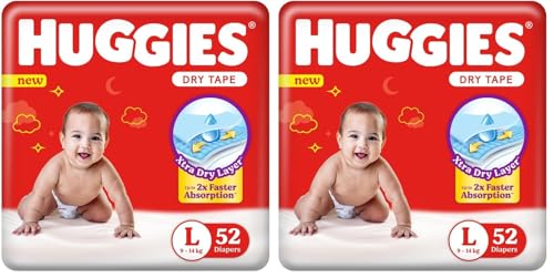 Image of Huggies Dry Tape | Adjustable Tape Style Diapers, Large (L) Size (9-14 Kgs), Pack of 104 | Up To 2X Faster Absorption, Up To 12 Hours Overnight Absorption