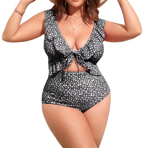 Plus Ditsy Floral Ruffle Trim Knot Front One Piece Swimsuit-image-31