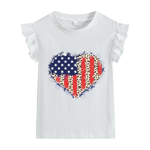 Image of Little Hand Girls 4th of July Shirt Toddler American Flag Shirts USA Flag Tee Kids Patriotic Ruffle Sleeve T-Shirt 2-7 Years