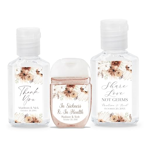 Personalized Hand Sanitizer Labels with Choice of 30 Flower Styles - Four Size Options - Choose Font and Pre-Made Phrases or Design Custom Text - LABELS ONLY (030 Neutral Boho Flowers)