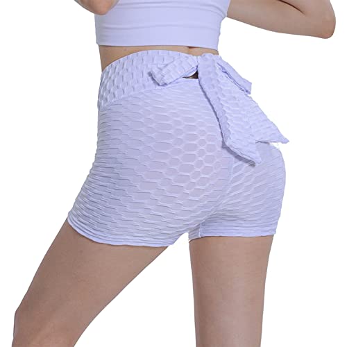 Pantalones cortos de verano para mujer, tela de panal de abeja, con bolsillos, cintura ajustada, cintura alta, movimiento de cadera, pantalones cortos deportivos con bolsillos para mujer, blanco, XL