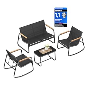 SONGMICS Gartenmöbel-Set, Balkonmöbel, 2 Schaukelstühle mit Tisch, Gartenbank, Stahl, Terrassenmöbel, mit Armlehnen, atmungsaktives Kunstfasergewebe, Terrasse, Balkon, Garten, tintenschwarz GGF0028B01