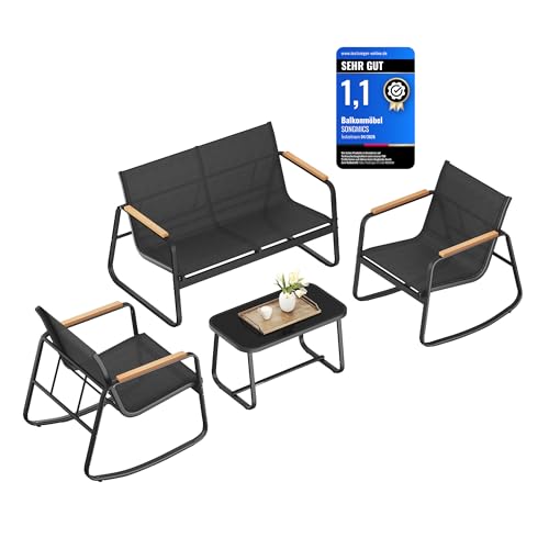 SONGMICS Gartenmöbel-Set, Balkonmöbel, 2 Schaukelstühle mit Tisch, Gartenbank, Stahl, Terrassenmöbel, mit Armlehnen, atmungsaktives Kunstfasergewebe, Terrasse, Balkon, Garten, tintenschwarz GGF0028B01