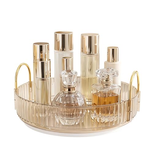 SLIAXINT Organisateur Maquillage Rotatif 360°, Rangement Maquillage Compact, Organisateur Cosmétiques pour Coiffeuse et Salle de Bain, Présentoir Parfum Multifonction, Design Ambre Élégant