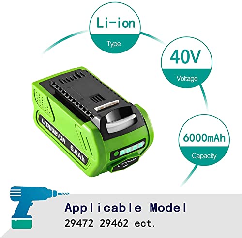 Munikind 29472 29462 Battery 6000Mah Lithium Replacement Battery For Greenworks Battery 40V Compatible With Greenworks 40 Volt G-Max Power Tools 29252 20202 22262 25312 25322 20642 22272 27062 21242 #TOP2