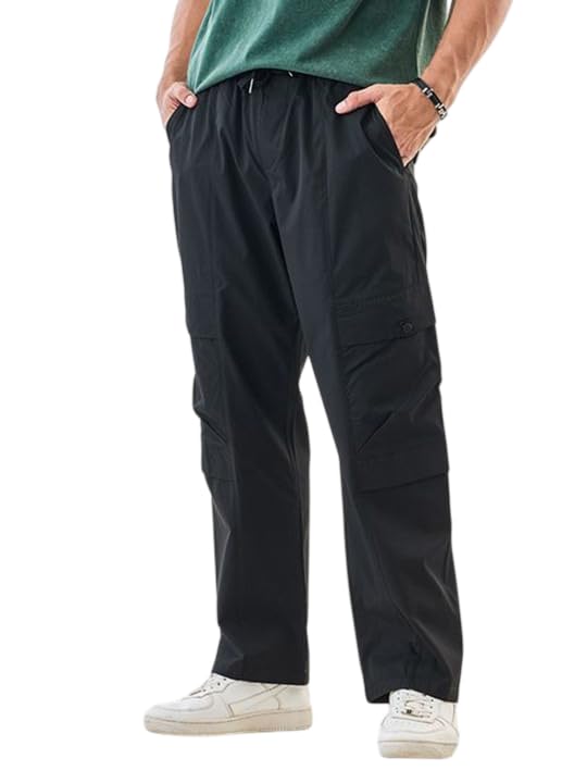 Image of Men's Cotton Cargo Pants | Straight Fit Casual Trousers for Men with Pockets | Lightweight & Breathable Pants with Elastic Waistband & Drawstring | Comfortable Lower for Mens
