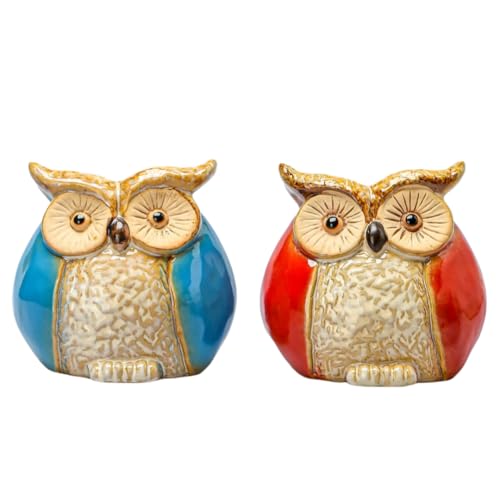フクロウ 置物 ガーデン オブジェ かわいい フクロウ 不苦労 カップルスーツ 風水 開運 陶器 招福小物 動物 置物 リアル ミニ 縁起がいい マスコット インテリア 元気 ふくろう プレゼント 卓上 玄関 屋外 装飾 2点セット (2点セット)
