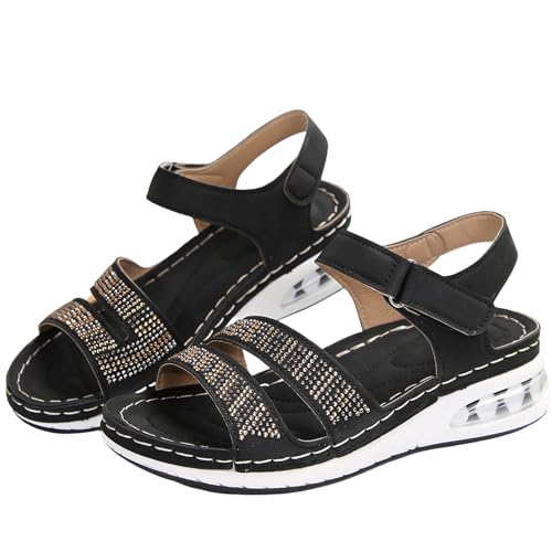 Sandalias Deportivas De Plataforma Sandals Ortopédicas De Verano for Mujer con Colchón De Aire Sandalias Brillantes con Pedrería for Estudiantes Zapatos for Caminar for Exteriores(Black,43 EU)