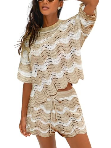 CUPSHE Womens Crochet Cover Up Set Striped Short Sleeve Beach Cover Up 2 Piece Sets for Swimwear Neutral Striped M