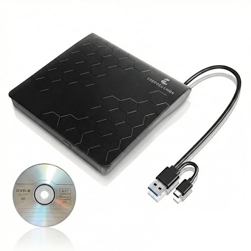 External DVD Drive USB 3.2 Gen 1 Slim Portable CD/DVD Burner, High-Speed Optical Drive Writer for Laptop Desktop, Plug & Play Media Player for Windows/ MacBook, Black, included 4.7GB DVD for backup