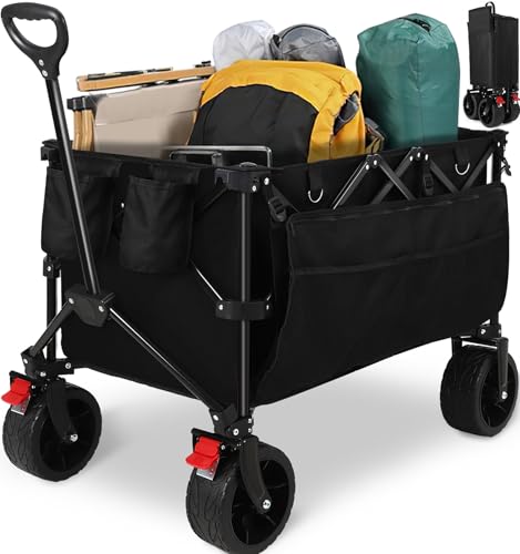 Aptliton Festival Trolley, 200L Folding Trolley Cart, 150kg Heavy Duty Pull Along Wagon with Solid Wheel and 3 Pockets for Outdoor Camping Beach Garden Picnic and Transport, Black