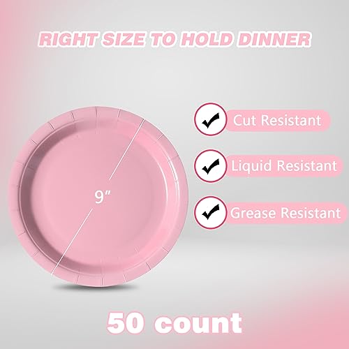 Image of Pink Disposable Paper Plates, 9 Inch Dinner Party Plates, 50 Count Bulk