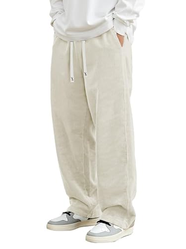 JMIERR Herren Cordhose Baggy Aprikose Freizeit Jogginghose Weite Beine Sweathose Loose Fit Mit Elastische Taille L